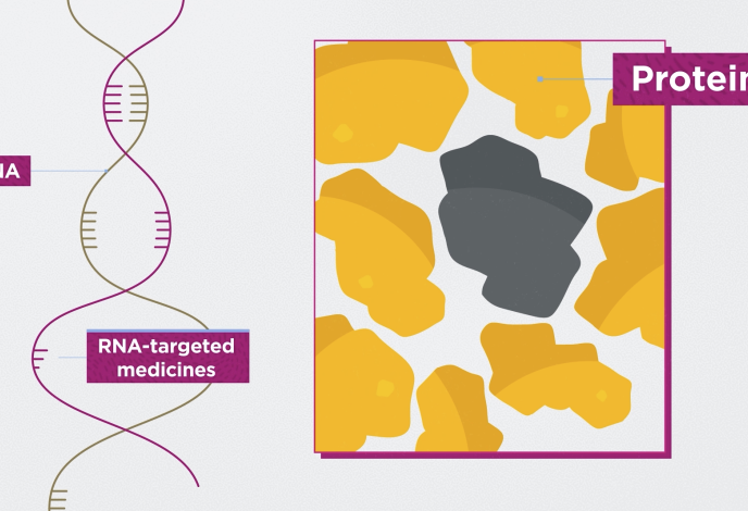 Illustration of RNA and RNA-targeted medicines alongside protein shapes, with one gray protein among yellow proteins