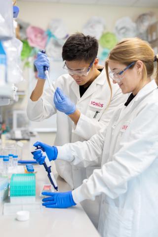 Two scientists wearing lab coats and gloves working with pipettes in a laboratory setting. Two scientists wearing lab coats and gloves working with pipettes in a laboratory setting.