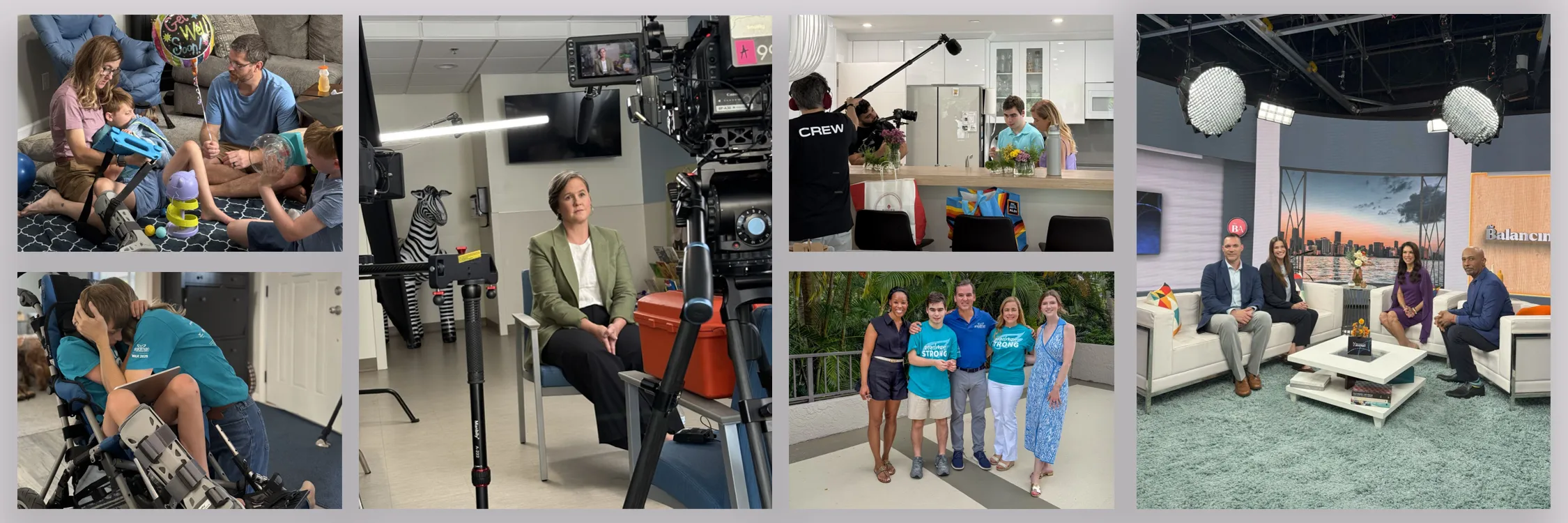 Behind the scenes photographs of families and participants in the filming of a television episode